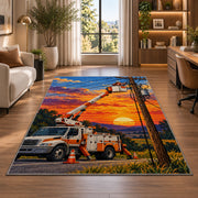bucket truck lineman rug in a living room with a desk and large windows