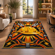 lineman hard hat emblem rug in a living room with a desk and large windows