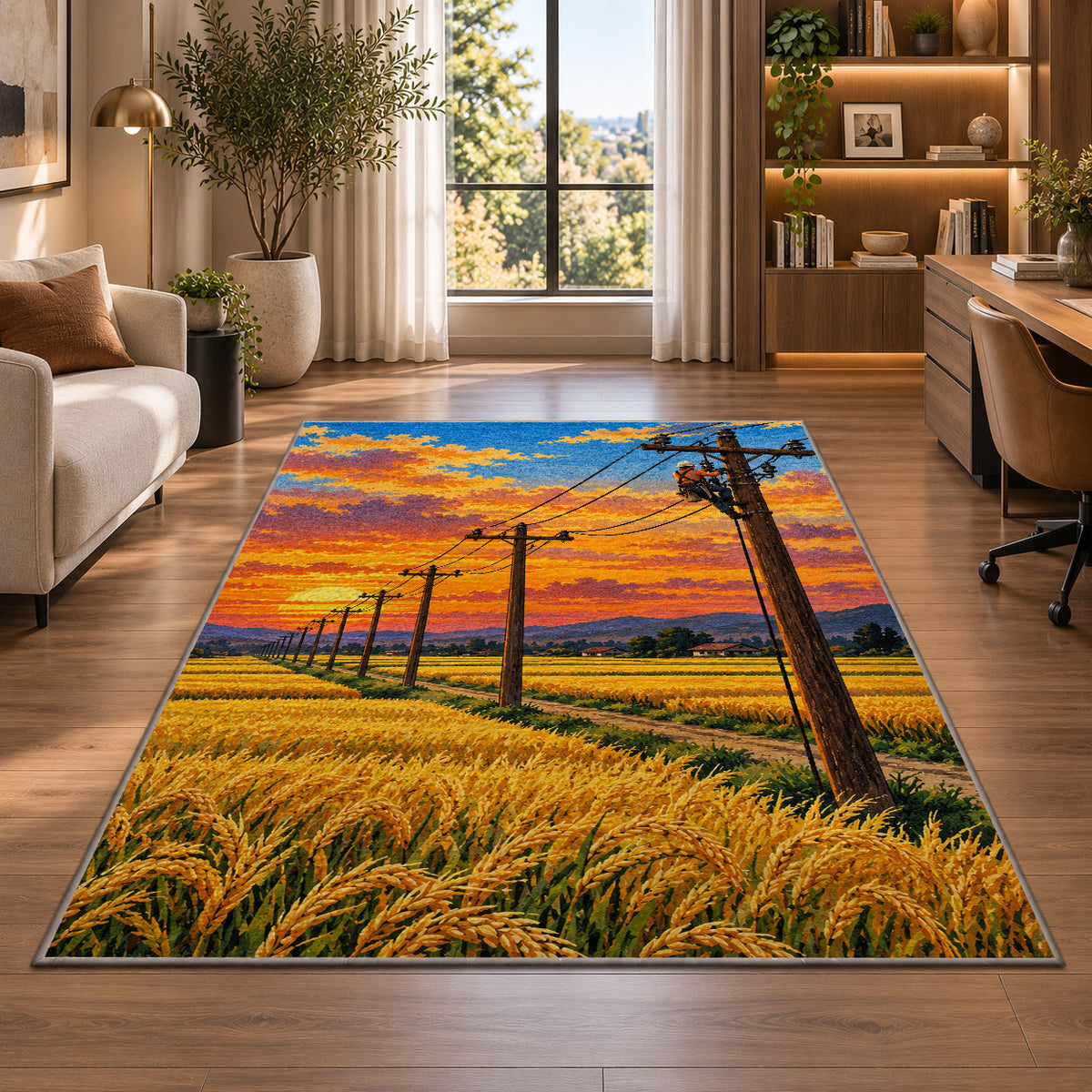 power lines wheat field rug in a living room with a desk and large windows