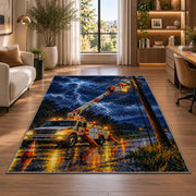 storm lineman bucket truck rug in a living room with a desk and large windows