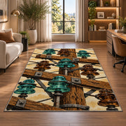 vintage glass insulator rug in a living room with a desk and large windows