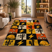 checkered lineman icons rug in a living room with a desk and large windows