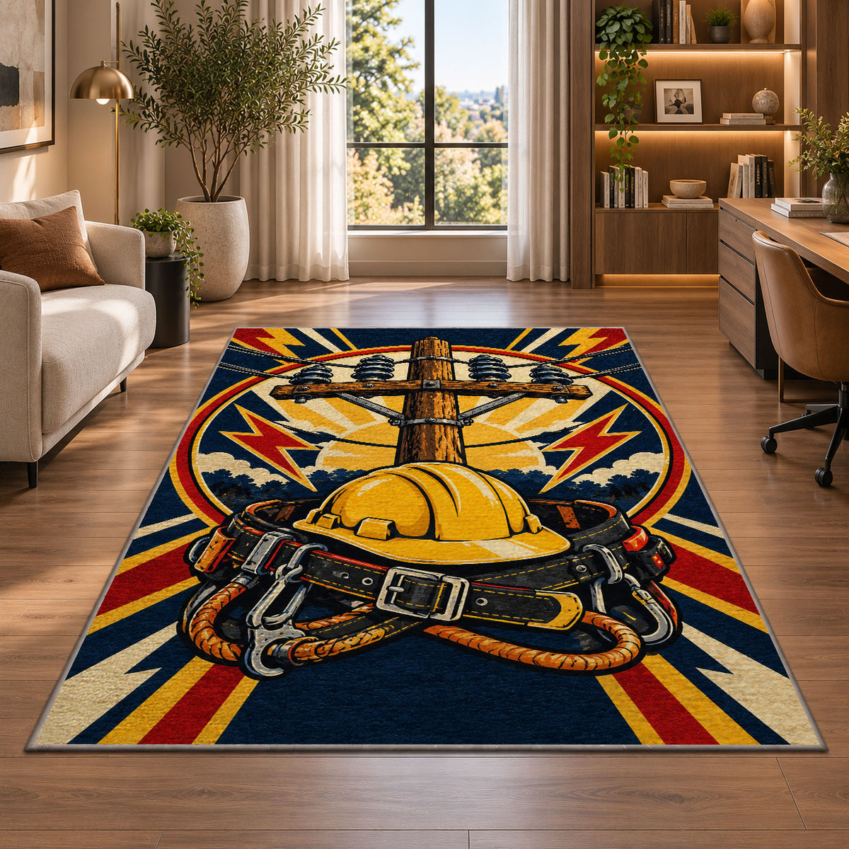 lineman badge rug in a living room with a desk and large windows