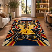 lineman badge rug in a living room with a desk and large windows