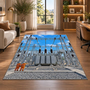 electrical substation rug in a living room with a desk and large windows