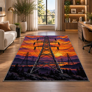 high voltage tower sunset rug in a living room with a desk and large windows