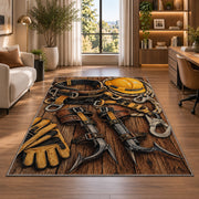 lineman climbing gear rug in a living room with a desk and large windows