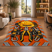 safety orange lineman rug in a living room with a desk and large windows