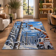 winter lineman bucket truck rug in a living room with a desk and large windows