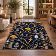 power lines and lightning pattern rug in a living room with a desk and large windows