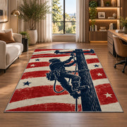 patriotic lineman silhouette rug in a living room with a desk and large windows