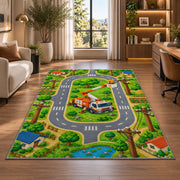 kids lineman road play rug in a living room with a desk and large windows