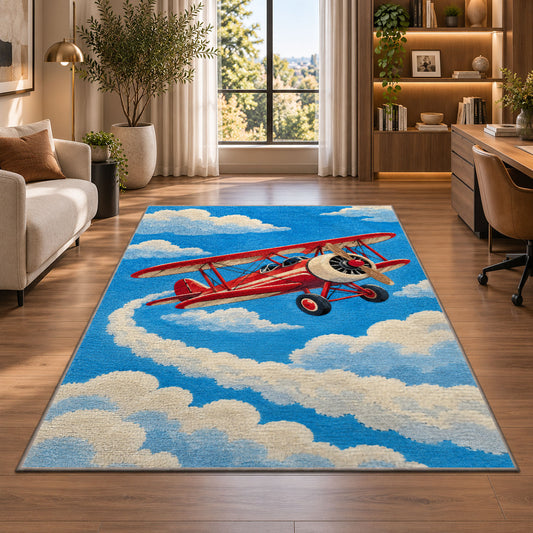 Vintage Biplane Rug in a living room with a desk and large windows