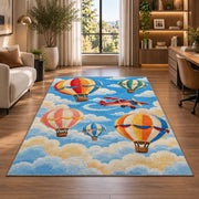 Hot Air Balloon Rug in a living room with a desk and large windows