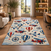 Airplane Pattern Rug in a living room with a desk and large windows