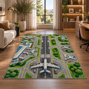 Airport Runway Rug in a living room with a desk and large windows