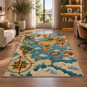 Vintage World Map Rug in a living room with a desk and large windows