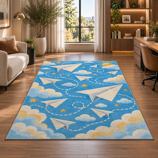 Paper Airplane Rug in a living room with a desk and large windows
