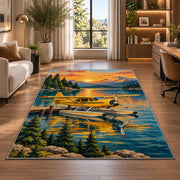 Seaplane Lake Rug in a living room with a desk and large windows