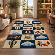 Retro Airplane Checkered Rug in a living room with a desk and large windows