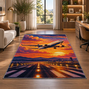Jet Takeoff Sunset Rug in a living room with a desk and large windows