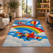 Rainbow Airplane Rug in a living room with a desk and large windows
