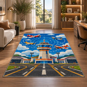 Control Tower Rug in a living room with a desk and large windows