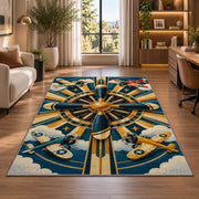 Art Deco Propeller Rug in a living room with a desk and large windows