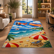 Beach Airplane Banner Rug in a living room with a desk and large windows