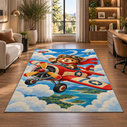 Teddy Bear Pilot Rug in a living room with a desk and large windows