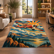 Retro Aviation Poster Rug in a living room with a desk and large windows