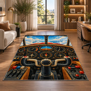 Airplane Cockpit Rug in a living room with a desk and large windows