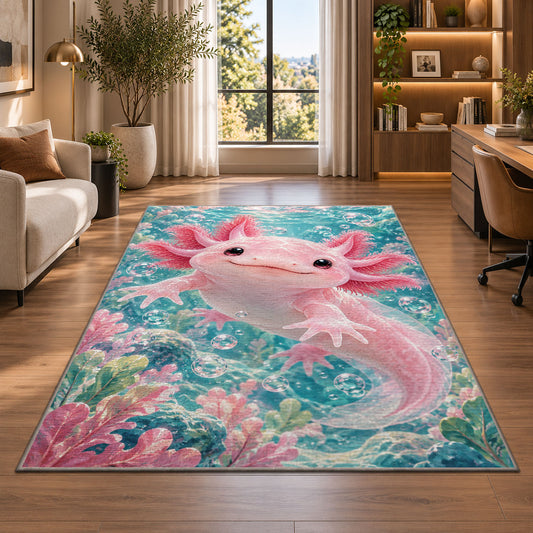 Cute Pink Axolotl Rug in a living room with a desk and large windows