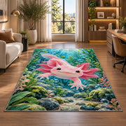 Axolotl Lake Rug in a living room with a desk and large windows