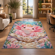 Axolotl Princess Rug in a living room with a desk and large windows