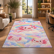 Rainbow Axolotl Rug in a living room with a desk and large windows