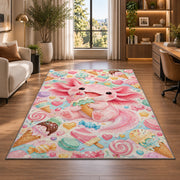 Axolotl Ice Cream Rug in a living room with a desk and large windows