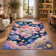 Astronaut Axolotl Rug in a living room with a desk and large windows