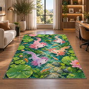 Axolotl Pond Rug in a living room with a desk and large windows