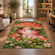 Axolotl Mushroom Rug in a living room with a desk and large windows