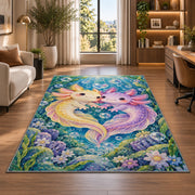 Axolotl Love Rug in a living room with a desk and large windows