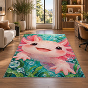 Big Axolotl Face Rug in a living room with a desk and large windows