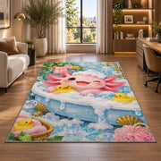 Axolotl Bubble Bath Rug in a living room with a desk and large windows