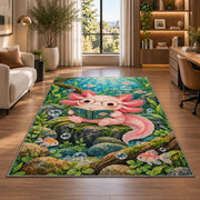Axolotl Reading Book Rug in a living room with a desk and large windows