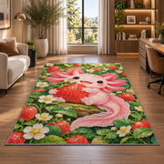 Axolotl Strawberry Rug in a living room with a desk and large windows