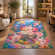 Axolotl Birthday Party Rug in a living room with a desk and large windows