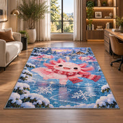 Winter Axolotl Rug in a living room with a desk and large windows