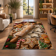 Gingerbread baking rug in a living room with a desk and large windows