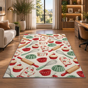 Baking tools pattern rug in a living room with a desk and large windows