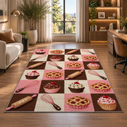 Checkered bakery icons rug in a living room with a desk and large windows